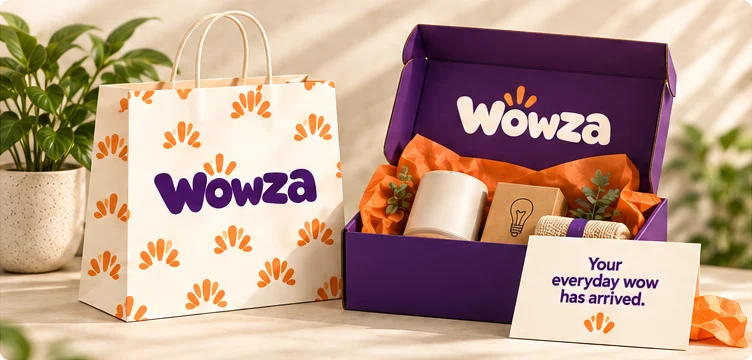 A Wowza gift box and bag with a desk lamp and small gifts